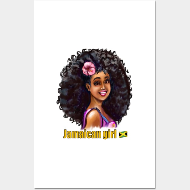 Jamaican girl I with pink hibiscus flower in her big natural afro hair. The best Gifts for black women 2022 Jamaica Wall Art by Artonmytee